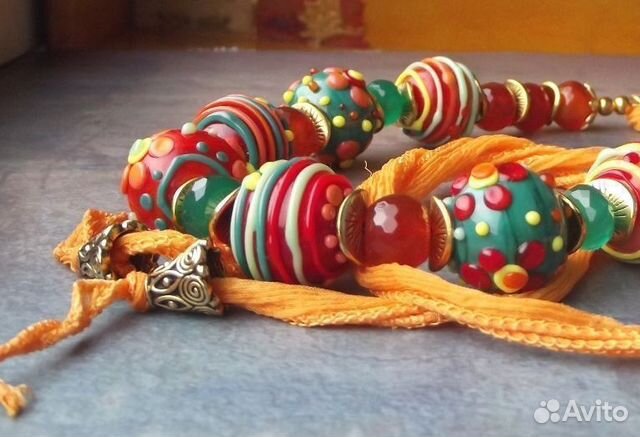 Колье бусы на шелковой ленте Летнее