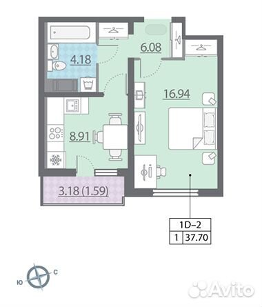 1-к квартира, 37.7 м², 16/25 эт.