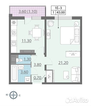 1-к квартира, 43 м², 20/21 эт.