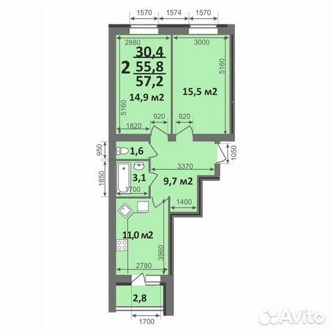 2-к квартира, 57.2 м², 2/5 эт.