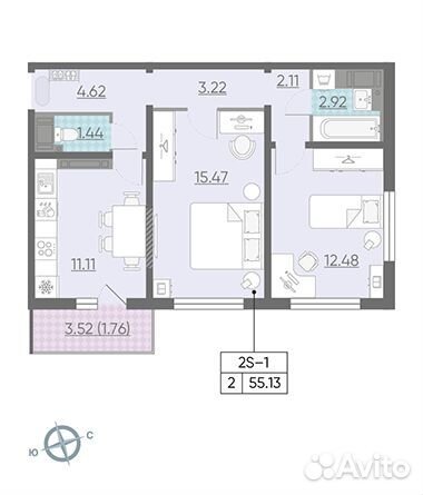 2-к квартира, 55.1 м², 20/25 эт.