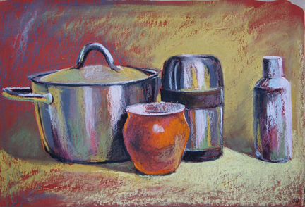 Натюрморт с посудой, сухая пастель, картина