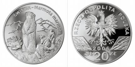 Польша - 20 злотых 2006 г. - серебро, пруф, сурки