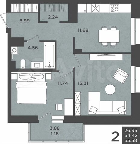 2-к. квартира, 55,6 м², 14/24 эт.