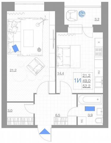 1-к. квартира, 52,2 м², 3/5 эт.