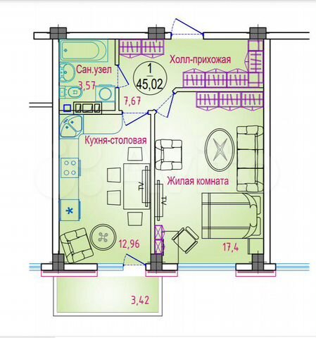 1-к. квартира, 45,2 м², 3/8 эт.
