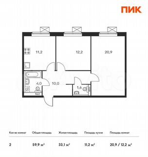 2-к квартира, 59.9 м², 16/16 эт.