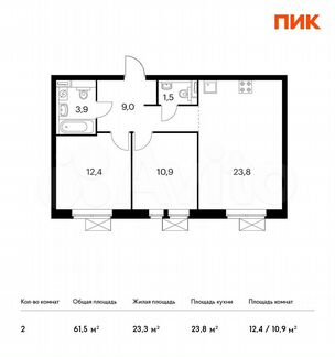 2-к квартира, 61.5 м², 18/33 эт.