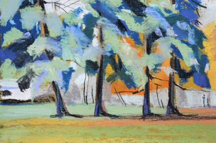 Картина пастелью, пейзаж, лес, деревья