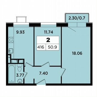 2-к апартаменты, 50.9 м², 14/18 эт.