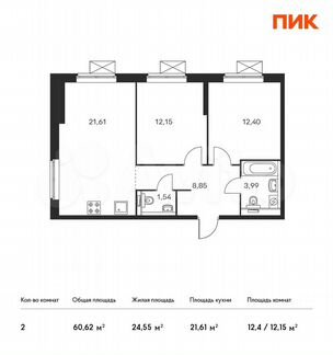 2-к квартира, 60.6 м², 28/33 эт.