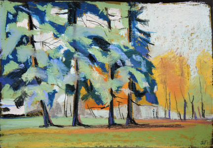 Картина пастелью, пейзаж, лес, деревья