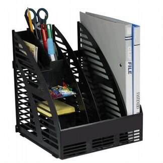 Лоток для бумаг Самсон вертикальный, (240*240*300 мм), 3 отделения, сборный, с органайзером, черный (4С143)